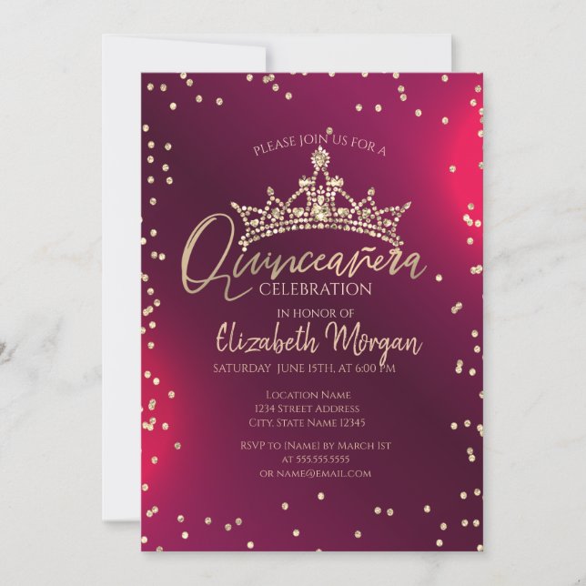 Chic Gold Tiara,Diamonds Red Quinceañera  Invitation (Front)