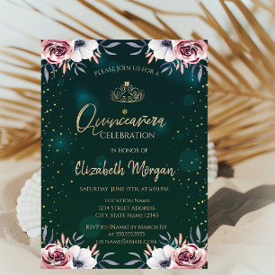 Chic Gold Tiara,Diamonds,Roses Green Quinceañera Invitation