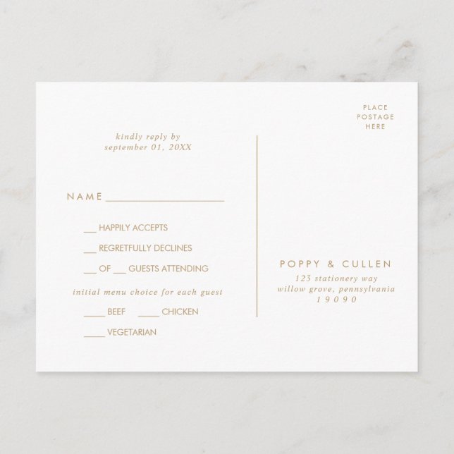 Chic Gold Typographie Menu Choix Carte Postale RSV (Dos)