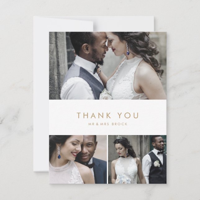 Chic Gold Typography 3 Photo Collage Thank You Card (Front)