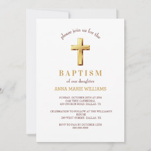 Chic Gold Typography Minimalist Cross Baptism Invitation