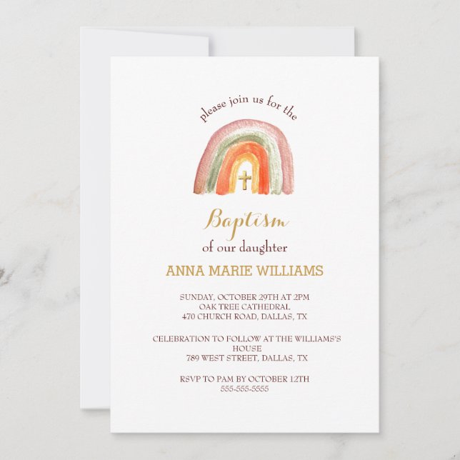 Chic Gold Typography Minimalist Cross Baptism  Invitation (Front)