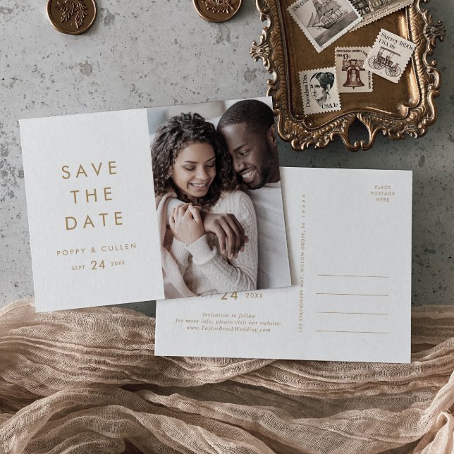 Chic Gold Typography Photo Save the Date Invitation Postcard (Creator Uploaded)