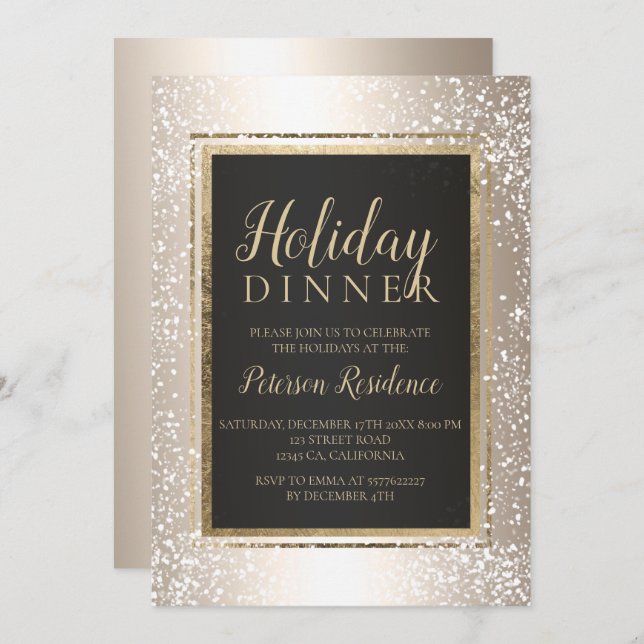 Chic gold typography snow holiday party metallic invitation (Front/Back)