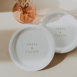 Chic Gold Typography Wedding Cake Paper Plates<br><div class="desc">These chic gold typography wedding cake paper plates are perfect for a modern wedding. The simple design features classic minimalist gold and white typography with a rustic boho feel. Customizable in any colour. Keep the design minimal and elegant, as is, or personalize it by adding your own graphics and artwork....</div>