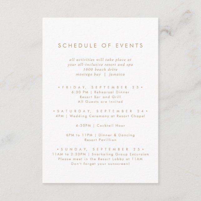 Chic Gold Typography Wedding Schedule of Events Enclosure Card (Front)