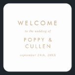 Chic Gold Typography Wedding Welcome Square Sticker<br><div class="desc">These chic gold typography wedding welcome stickers are perfect for a modern wedding. The simple design features classic minimalist gold and white typography with a rustic boho feel. Customizable in any colour. Keep the design minimal and elegant, as is, or personalize it by adding your own graphics and artwork. Personalize...</div>