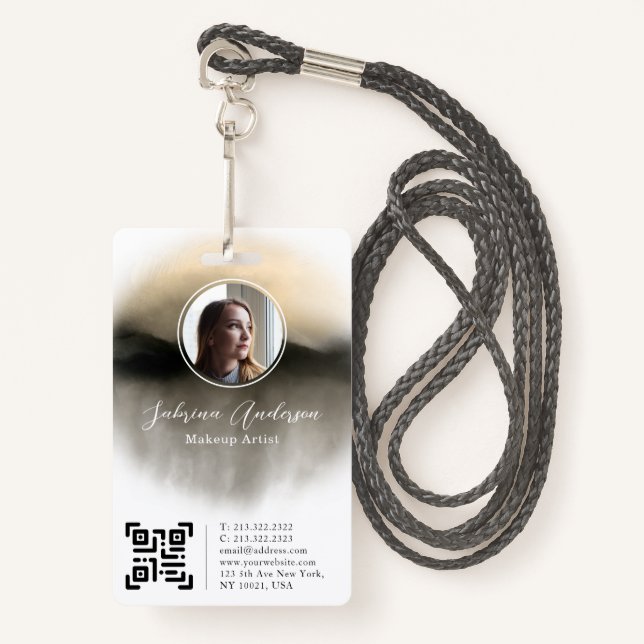 Chic Gold Watercolor Abstract Script Photo Logo Badge (Front with Lanyard)