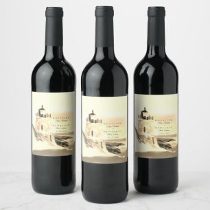 Chic Gold Watercolor Lighthouse Script Wedding Wine Label