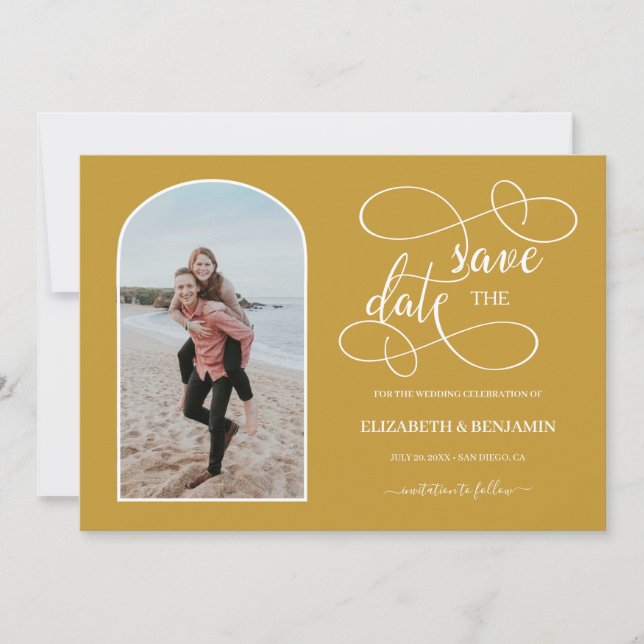 Chic Gold White Arched Frame Photo Save the Date (Front)