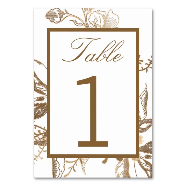 Chic Gold & White Faux Metal Floral Wedding Table Number (Front)