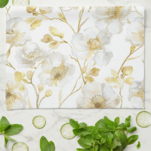 Chic Gold White Flowers Bridal Shower Kitchen Towel