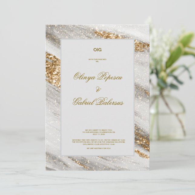 Chic Gold White Foil Wedding Invitation  (Standing Front)