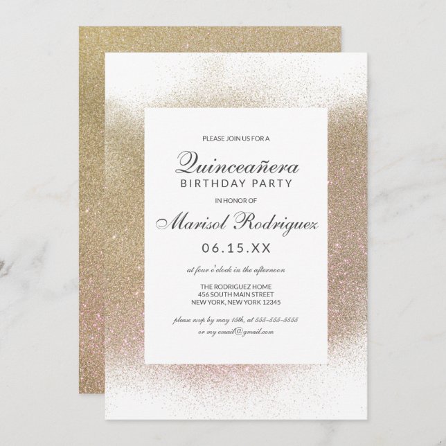 Chic Gold White Glitter Dust Border Quinceañera Invitation (Front/Back)