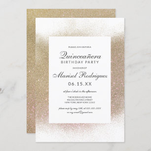 Chic Gold White Glitter Dust Border Quinceañera Invitation