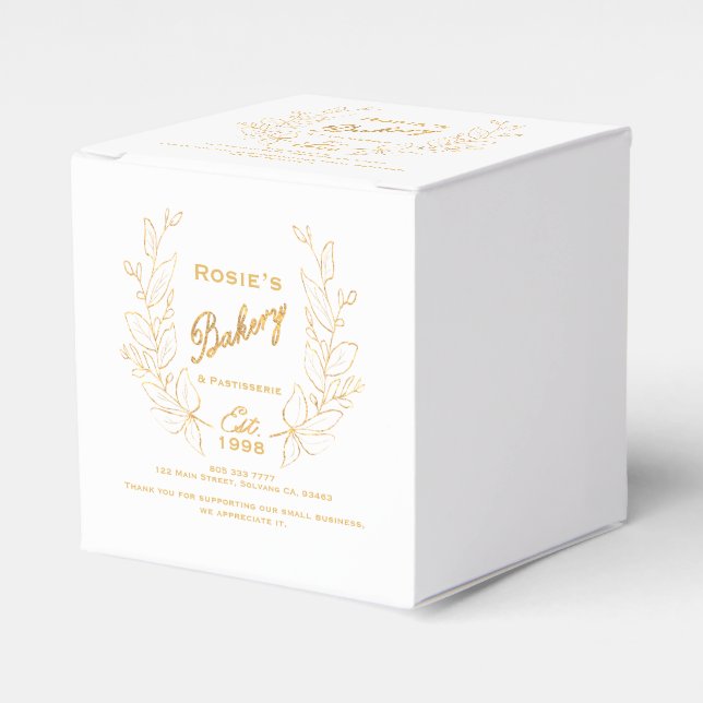 Chic Gold Wreath Bakery Logo Company Info Favor Box (Front Side)