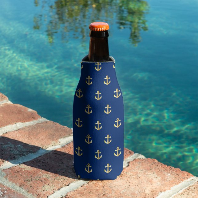 Chic Gold Yellow Anchor Pattern On Dark Navy Blue Bottle Cooler (In Situ Pool)