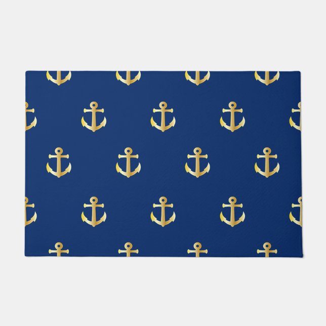Chic Gold Yellow Anchor Pattern On Dark Navy Blue Doormat (Front)