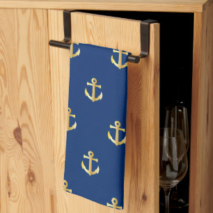 Chic Gold Yellow Anchor Pattern On Dark Navy Blue Kitchen Towel
