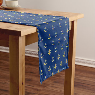Chic Gold Yellow Anchor Pattern On Dark Navy Blue Short Table Runner