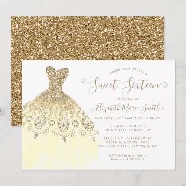 Chic Gold Yellow Glitter Dress Sweet 16th Birthday Invitation (Front/Back)