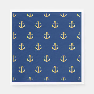 Chic Gold Yellow Nautical Anchors Pattern On Blue Napkin