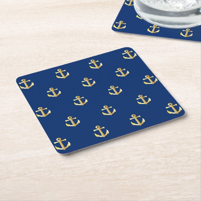 Chic Gold Yellow Nautical Anchors Pattern On Blue Square Paper Coaster (Angled)