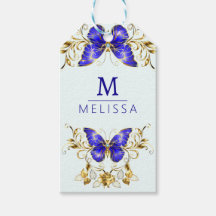 Chic Golden Flowers & blue butterflies monogrammed