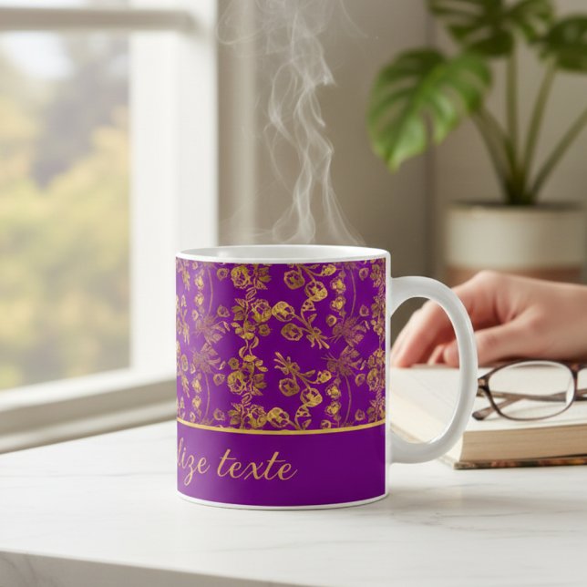 Chic Golden Flowers on purple pattern | Customized Coffee Mug (Creator Uploaded)