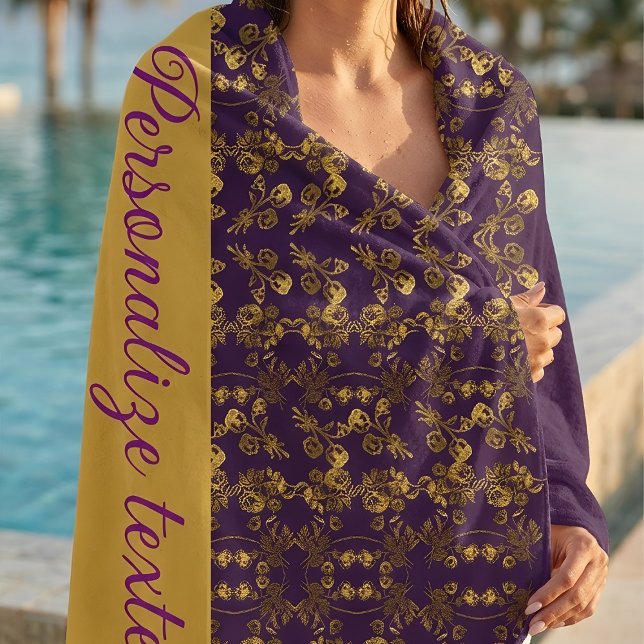 Chic Golden Flowers purple pattern | personalized Beach Towel (Creator Uploaded)
