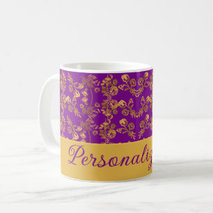 Chic Golden Flowers purple pattern   Personalized Coffee Mug