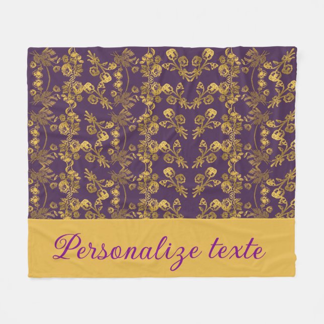 Chic Golden Flowers purple pattern | personalized Fleece Blanket (Front (Horizontal))