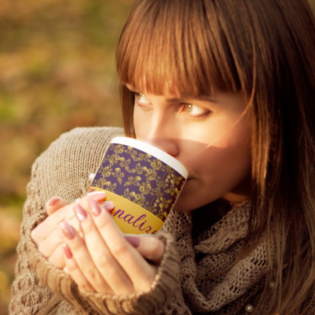 Chic Golden Flowers purple pattern | personalized Large Coffee Mug (Creator Uploaded)