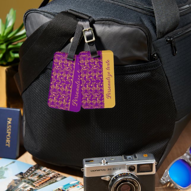 Chic Golden Flowers purple pattern | personalized Luggage Tag (Front & Back)