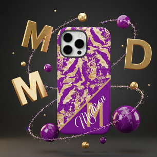 Chic Golden Marble purple Custom monogram initial iPhone 16 Pro Max Case