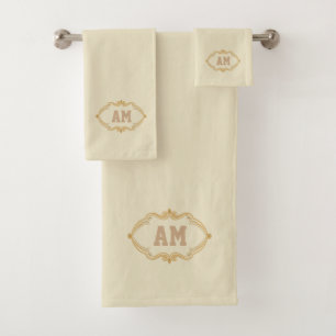 Chic Golden Monogrammed Simple Minimalist Beige Bath Towel Set