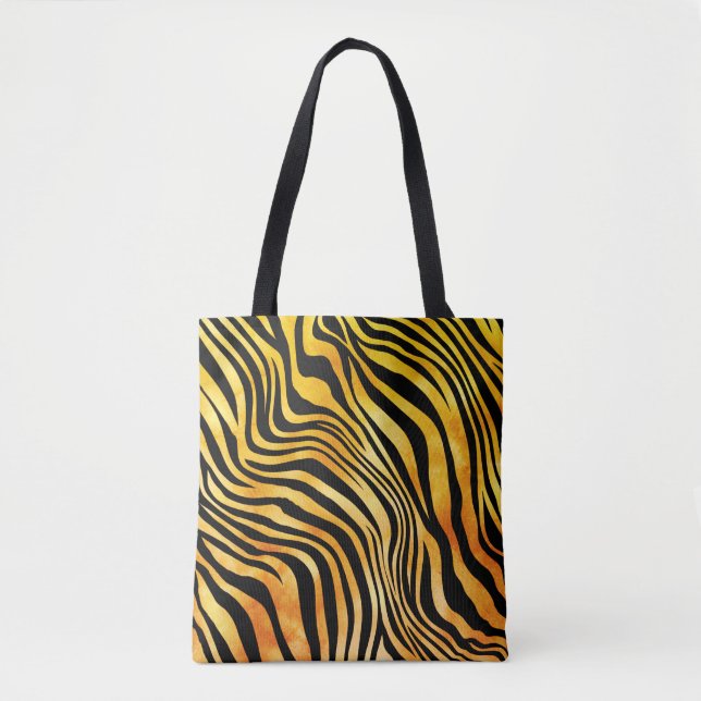 Chic Golden Orange Black Tiger Animal Print Tote Bag (Front)