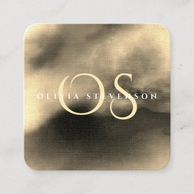 Chic Golden Watercolor Abstract Monogrammed Square Business Card (Front)