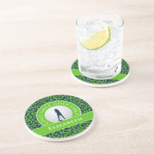 Chic Golfer Silhouette Custom Name Blue Green Golf Coaster
