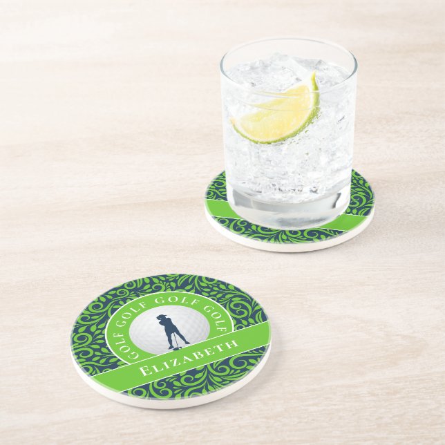 Chic Golfer Silhouette Custom Name Blue Green Golf Coaster (Side)