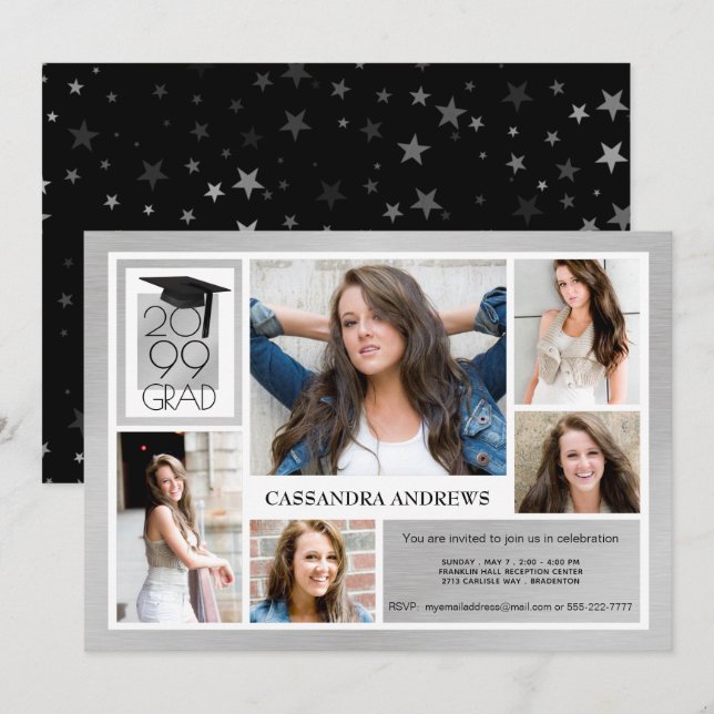 Chic GRAD Cap & Year | Brushed Silver | 5-Photo Invitation (Front/Back)