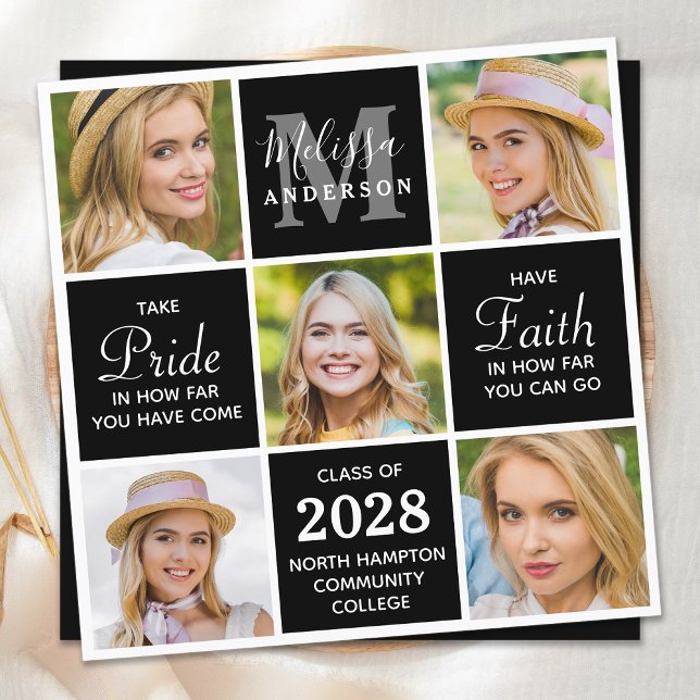 Chic Graduate 5 Photo Monogram Black Graduation  Invitation (Creator Uploaded)