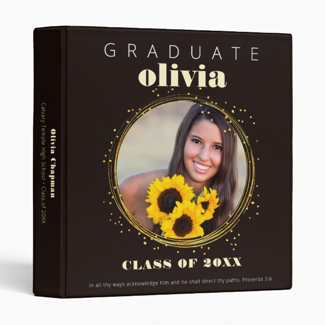 Chic Graduate Black Gold Confetti Custom Photo Binder (Front/Spine)