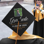 Chic Graduate Photo Black Gold Custom School Graduation Cap Topper<br><div class="desc">A classy custom graduation cap topper in chic black and gold for a high school, college, or university senior from the class of 2025. Customize with your school name and graduating class under the elegant calligraphy for a great personalized graduate tassle topper. Simple and classy with your personalized photo. Add...</div>