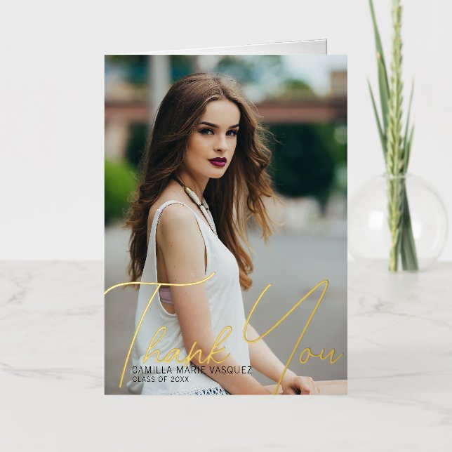 Chic Graduate Photo Graduation Thank You Gold Foil Greeting Card (Front)