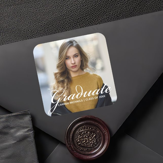 Chic Graduate Photo Personalized 2025 Party Square Sticker (Creator Uploaded)