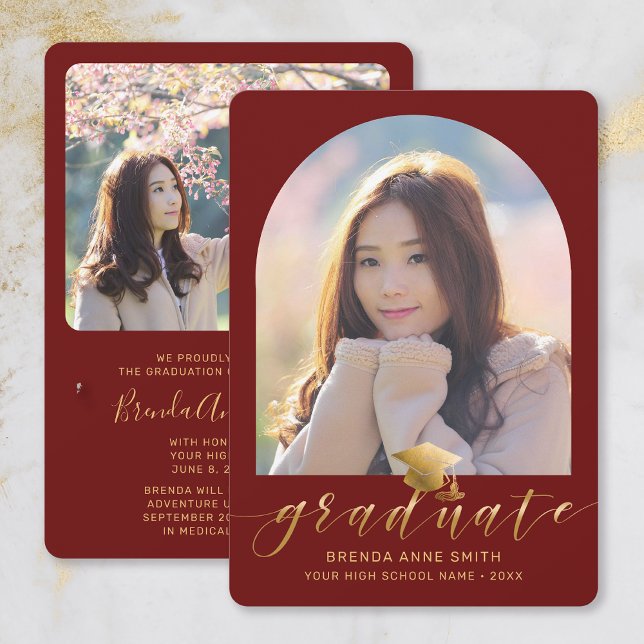 Chic Graduation 2 Photo Gold Cap Script on Red Announcement (Maroon and Gold Script with Two Photos Arch Frame Graduation Announcement)