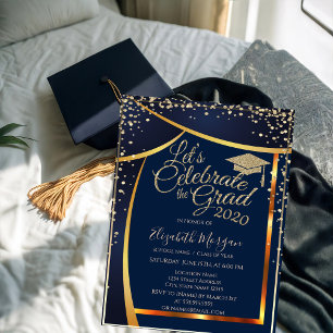 Chic Graduation Cap Diamonds Navy Blue Graduation Invitation