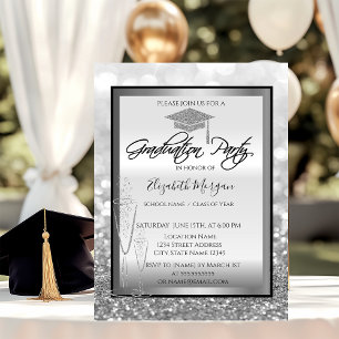Chic Graduation Cap,Glass Silver Bokeh Graduation Invitation