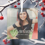 Chic Graduation Photo 2024 Graduate Christmas Glass Ornament<br><div class="desc">This elegant white typography overlay photo graduation Christmas ornament gift features chic script over your high school or college graduation photograph. Customize with your name under the lovely calligraphy.</div>